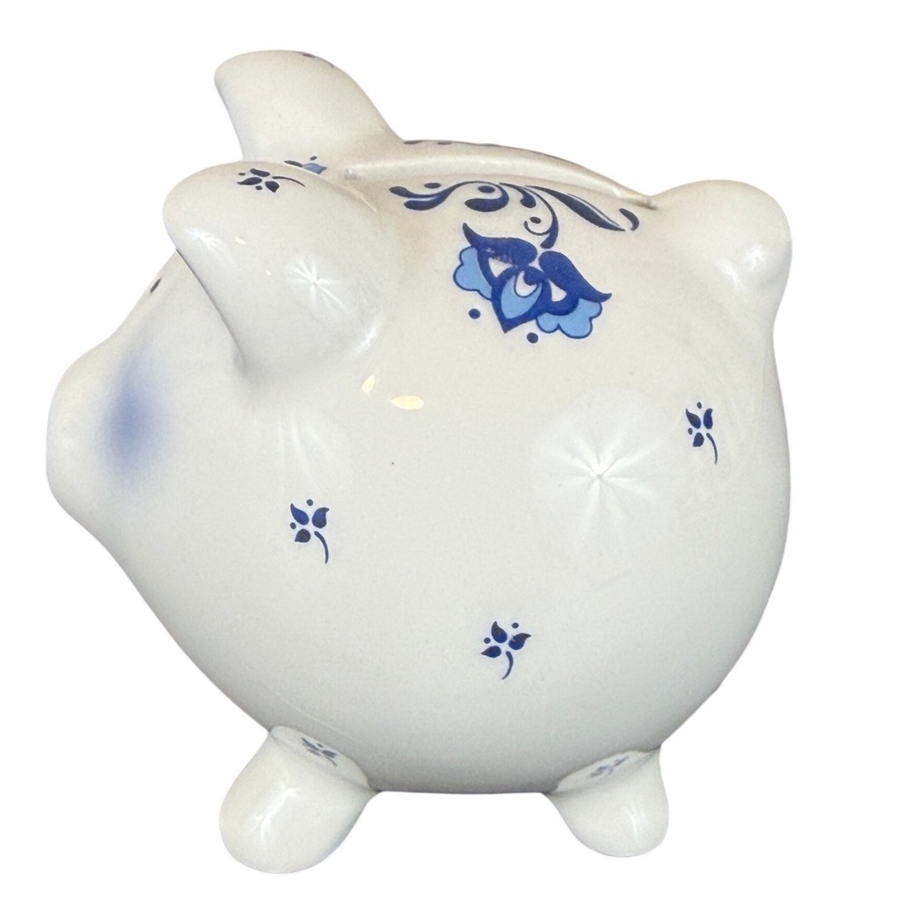 Vintage Enesco‎ Piggy Bank Blue White Ceramic Pig Coin Drop w/Stopper 3" Tall